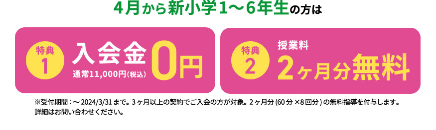4月から新小学1年生から 新小学6年生の方は 特典1 入会金0円 通常11,000円（税込） 特典2 授業料2ヶ月分無料 ※受付期間：～2024／3／31まで。3ヶ月以上の契約でご入会の方が対象。2ヶ月分(60分×8回分)の無料指導を付与します。 詳細はお問い合わせください。