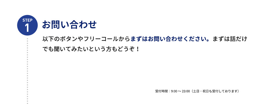 STEP1 お問い合わせ 以下のボタンやフリーコールからまずはお問い合わせください。まずは話だけでも聞いてみたいという方もどうぞ！ 受付時間：9：00から23：00（土日・祝日も受付しております）