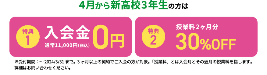 4月から新高校3年生の方は  特典1 入会金0円 通常11,000円（税込） 特典2 授業料2ヶ月分が最大 30％OFF ※受付期間：～2024／3／31まで。3ヶ月以上の契約でご入会の方が対象。「授業料」とは入会月とその翌月の授業料を指します。 詳細はお問い合わせください。