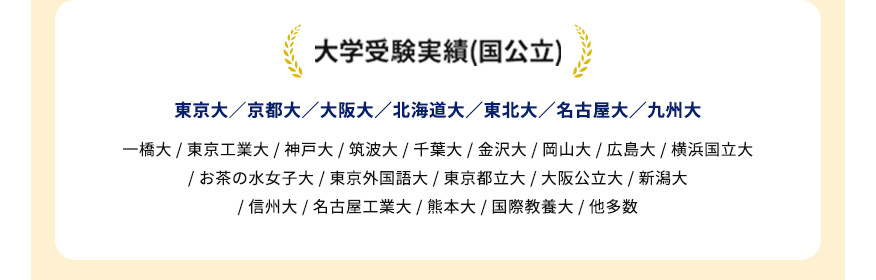 大学受験実績（国公立） 東京大／京都大／大阪大／北海道大／東北大／名古屋大／九州大／一橋大／東京工業大／神戸大／筑波大／千葉大／金沢大／岡山大／広島大／横浜国立大／お茶の水女子大／東京外国語大／東京都立大／大阪公立大／新潟大／信州大／名古屋工業大／熊本大／国際教養大／他多数