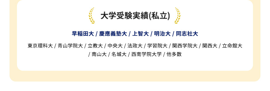大学受験実績（私立） 早稲田大／慶應義塾大／上智大／明治大／同志社大 東京理科大／青山学院大／立教大／中央大／法政大／学習院大／関西学院大／関西大／立命館大／南山大／名城大／西南学院大学／他多数