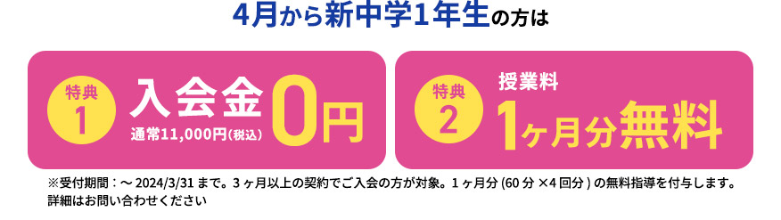 4月から新中学1年生の方は 特典1 入会金0円 通常11,000円（税込） 特典2 授業料1ヶ月分無料 ※受付期間：～2024／3／31まで。3ヶ月以上の契約でご入会の方が対象。1ヶ月分(申込の授業時間×4回分)の無料指導を付与します。 詳細はお問い合わせください