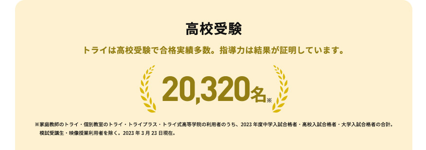 高校受験 トライは高校受験で合格実績多数。指導力は結果が証明しています。 20,320名※ ※家庭教師のトライ・個別教室のトライ・トライプラス・トライ式高等学院の利用者のうち、2023年度中学入試合格者高校入試合格者・大学入試合格者の合計。 模試受講生・映像授業利用者を除く。2023年3月23日現在。