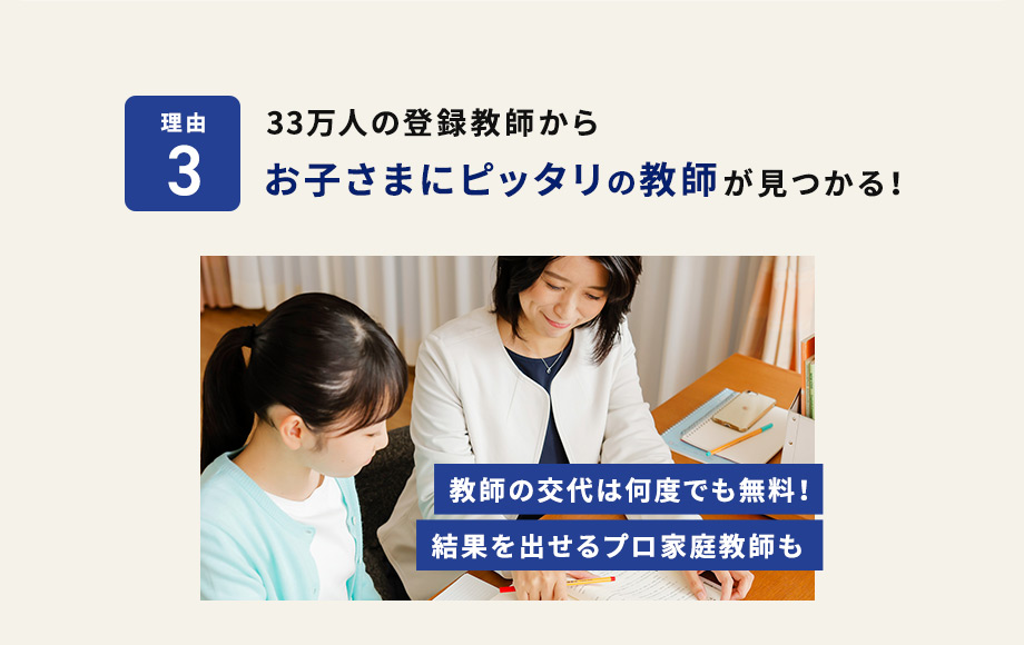 理由3 33万人の登録教師からお子さまにピッタリの教師が見つかる！ 教師の交代は何度でも無料！結果を出せるプロ家庭教師も