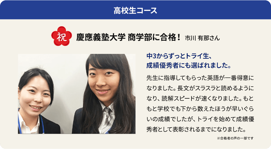 高校生コース 祝 慶應義塾大学商学部に合格！ 市川有那さん 中3からずっとトライ生、成績優秀者にも選ばれました。 先生に指導してもらった英語が一番得意になりました。 長文がスラスラと読めるようになり、読解スピードが速くなりました。もともと学校でも下から数えたほうが早いぐらいの成績でしたが、トライを始めて成績優秀者として表彰されるまでになりました。 ※合格者の声の一部です