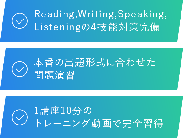 Reading,Writing,Speaking,Listeningの4技能対策完備 本番の出題形式に合わせた問題演習 １講座10分のトレーニング動画で完全習得