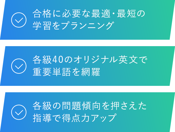 合格に必要な最適・最短の学習をプランニング 各級40のオリジナル英文で重要単語を網羅 各級の問題傾向を押さえた指導で得点力アップ