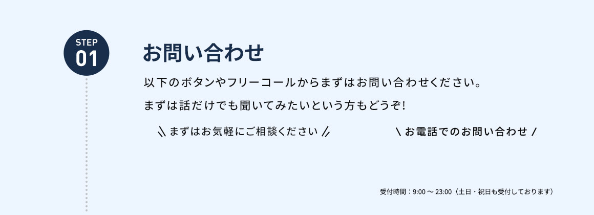 STEP01 お問い合わせ 以下のボタンやフリーコールからまずはお問い合わせください。 まずは話だけでも聞いてみたいという方もどうぞ！ まずはお気軽にご相談ください