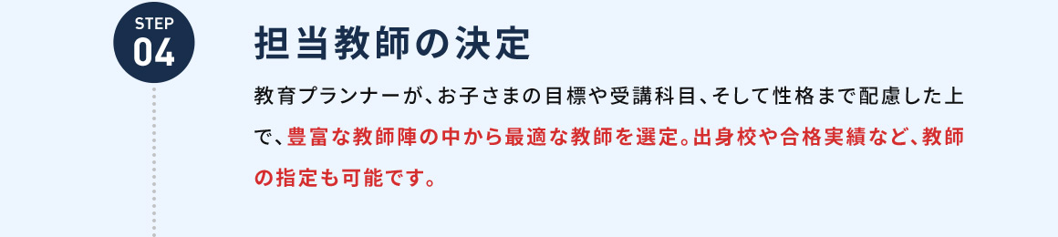 STEP04 担当教師の決定 教育プランナーが、お子さまの目標や受講科目、そして性格まで配慮した上で、豊富な教師陣の中から最適な教師を選定。出身校や合格実績など、教師の指定も可能です。