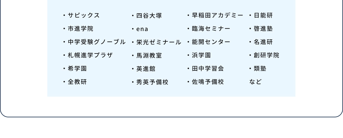 ・サピックス ・市進学院 ・中学受験グノーブル ・札幌進学プラザ ・希学園 ・全教研 ・四谷大塚 ・ena ・栄光ゼミナール ・馬淵教室 ・英進館 ・秀英予備校 ・早稲田アカデミー ・臨海セミナー ・能開センター ・浜学園 ・田中学習会 ・佐鳴予備校 ・日能研 ・啓進塾 ・名進研 ・創研学院 ・類塾 など