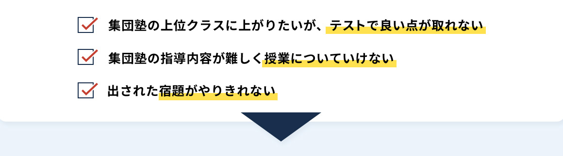 集団塾の上位クラスに上がりたいが、テストで良い点が取れない 集団塾の指導内容が難しく授業についていけない 出された宿題がやりきれない