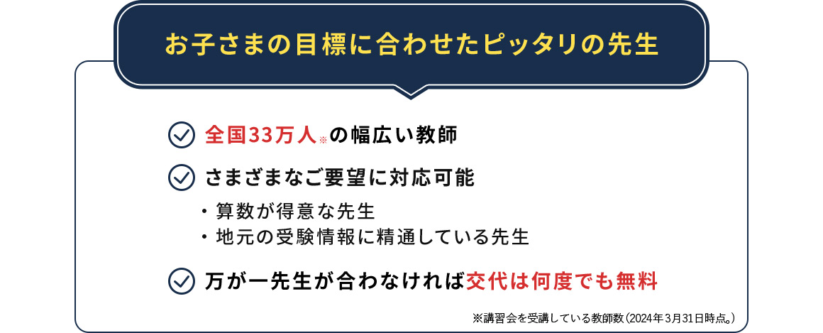 お子さまの目標に合わせたピッタリの先生 全国33万人※の幅広い教師 さまざまなご要望に対応可能 ・算数が得意な先生 ・地元の受験情報に精通している先生 万が一先生が合わなければ交代は何度でも無料 ※講習会を受講している教師数(2024年3月31日時点。)