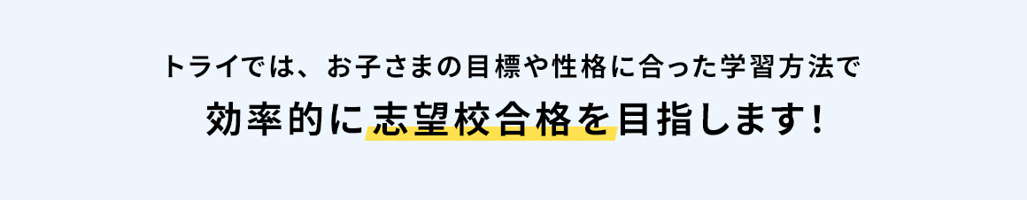 トライでは、お子さまの目標や性格に合った学習方法で 効率的に志望校合格を目指します！
