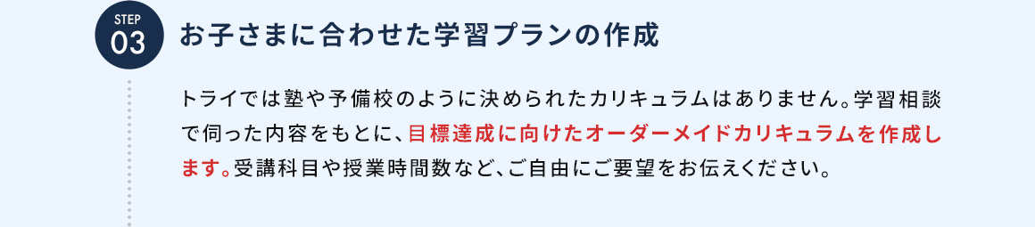 STEP03 お子さまに合わせた学習プランの作成 トライでは塾や予備校のように決められたカリキュラムはありません。学習相談で伺った内容をもとに、目標達成に向けたオーダーメイドカリキュラムを作成します。受講科目や授業時間数など、ご自由にご要望をお伝えください。