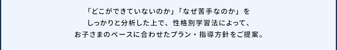 「どこができていないのか」「なぜ苦手なのか」をしっかりと分析した上で、性格別学習法によって、お子さまのペースに合わせたプラン・指導方針をご提案。