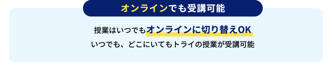 オンラインでも受講可能 授業はいつでもオンラインに切り替えOK いつでも、どこにいてもトライの授業が受講可能