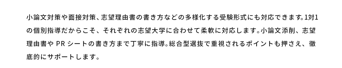 小論文対策や面接対策、志望理由書の書き方などの多様化する受験形式にも対応できます。1対1の個別指導だからこそ、それぞれの志望大学に合わせて柔軟に対応します。小論文添削、志望理由書やPRシートの書き方まで丁寧に指導。総合型選抜で重視されるポイントも押さえ、徹底的にサポートします。