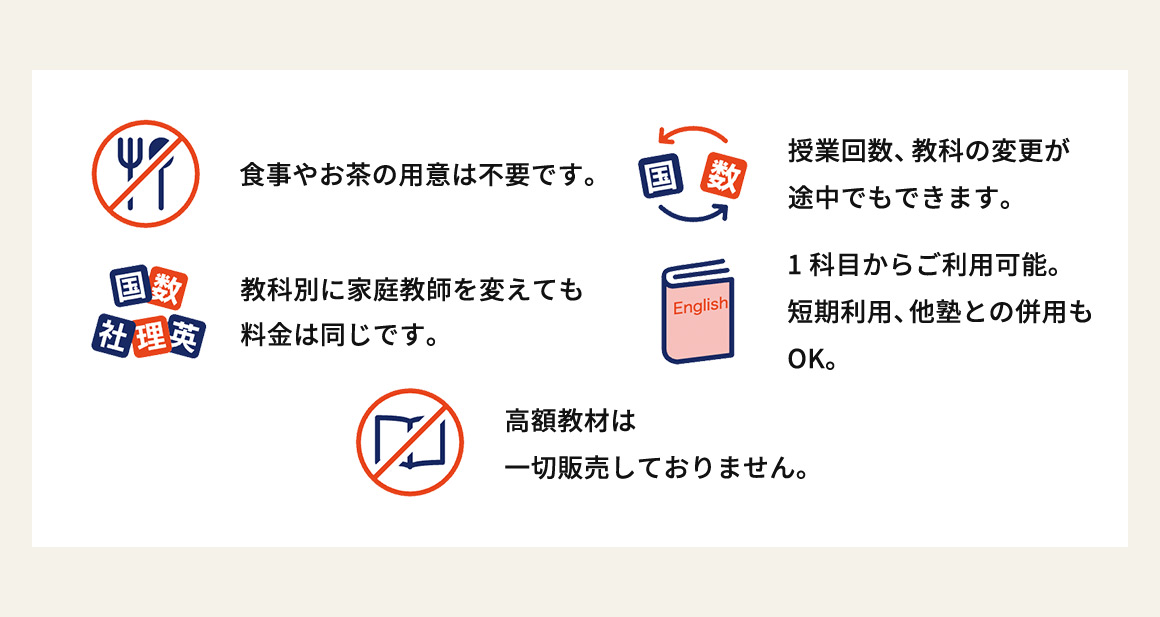 食事やお茶の用意は不要です。 授業回数、教科の変更が途中でもできます。 教科別に家庭教師を変えても料金は同じです。 1科目からご利用可能。短期利用、他塾との併用もOKです。 高額教材は一切販売しておりません。