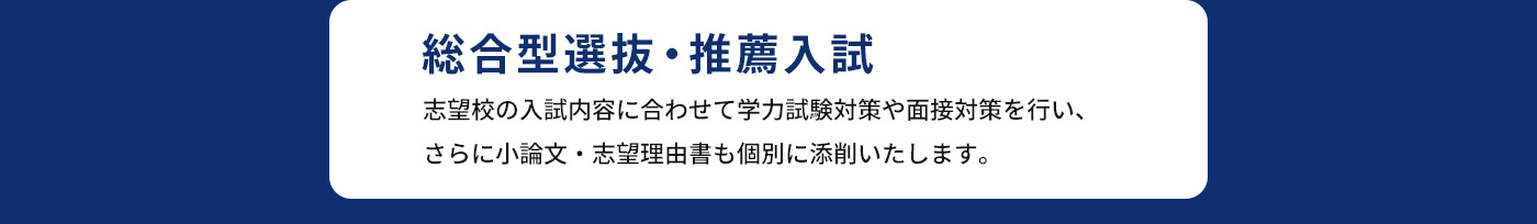 総合型選抜・推薦入試 志望校の入試内容に併せて学力試験対策や面接対策を行い、さらに小論文・志望理由書も個別に添削いたします。