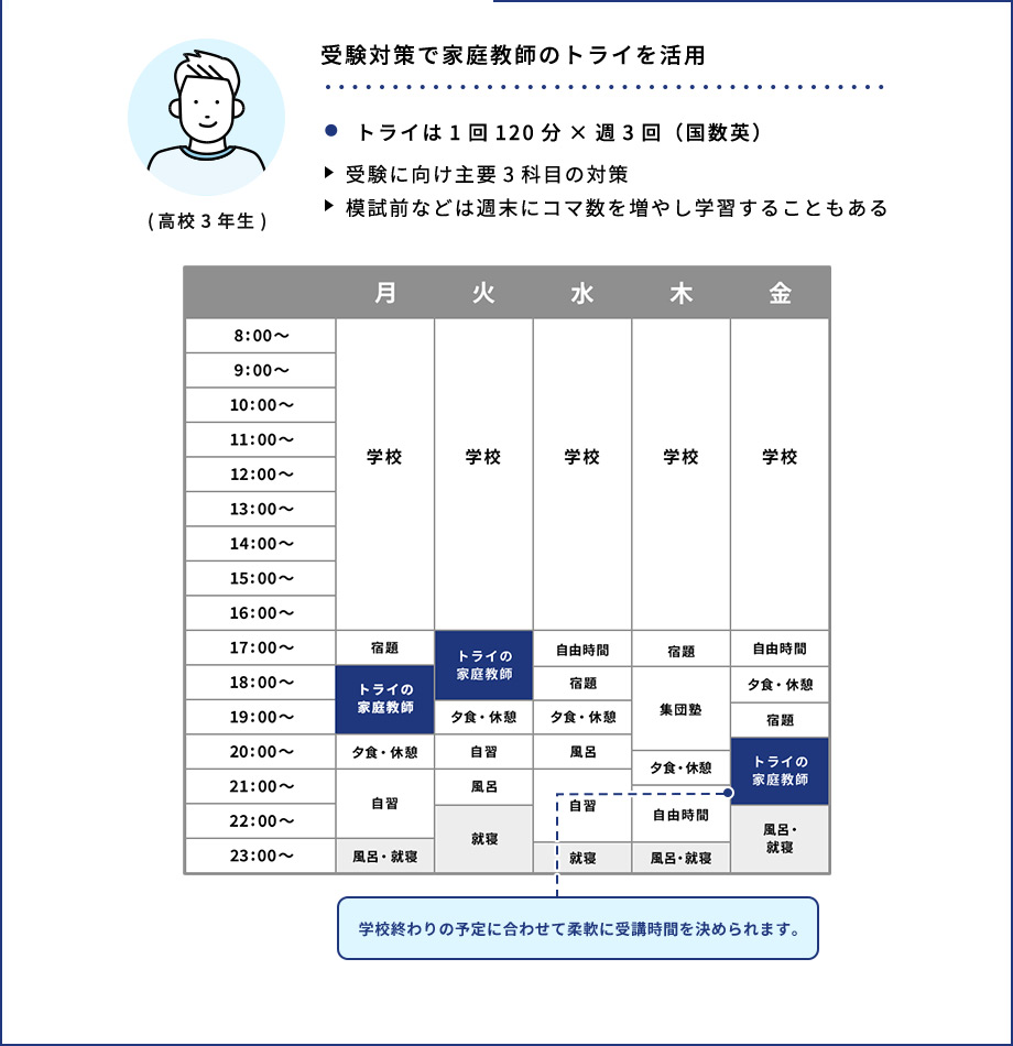 (高校3年生) 受験対策で家庭教師のトライを活用 ・トライは1回120分×週3回(国数英) 受験に向け主要3科目の対策 模試前などは週末にコマ数を増やし学習することもある