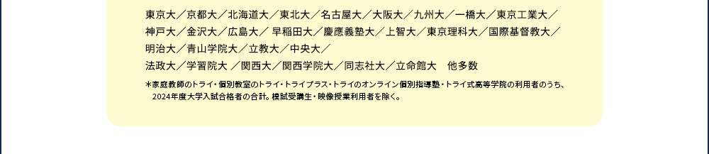 東京大／京都大／北海道大／東北大／名古屋大／大阪大／九州大／一橋大／東京工業大／神戸大／金沢大／広島大／早稲田大／慶應義塾大／上智大／東京理科大／国際基督教大／明治大／青山学院大／立教大／中央大／法政大／学習院大／関西大／関西学院大／同志社大／立命館大 他多数 ＊ 家庭教師のトライ・個別教室のトライ・トライプラス・トライのオンライン個別指導塾・トライ式高等学院の利用者のうち、2024年度大学入試合格者の合計。模試受講生・映像授業利用者を除く。