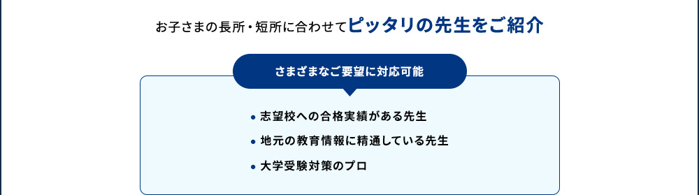お子さまの長所・短所に合わせてピッタリの先生をご紹介 さまざまなご要望に対応可能 ・志望校への合格実績がある先生 ・地元の教育情報に精通している先生 ・大学受験対策のプロ