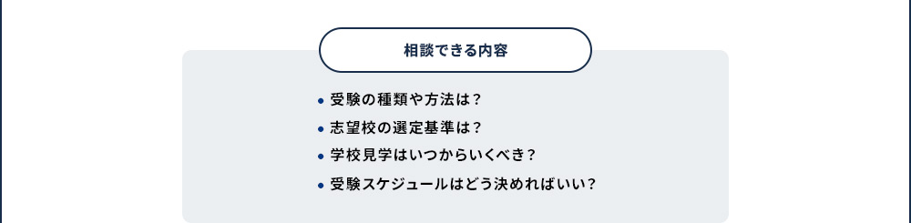 相談できる内容 ・受験の種類や方法は？ ・志望校の選定基準は？ ・学校見学はいつからいくべき？ ・受験スケジュールはどう決めればいい？