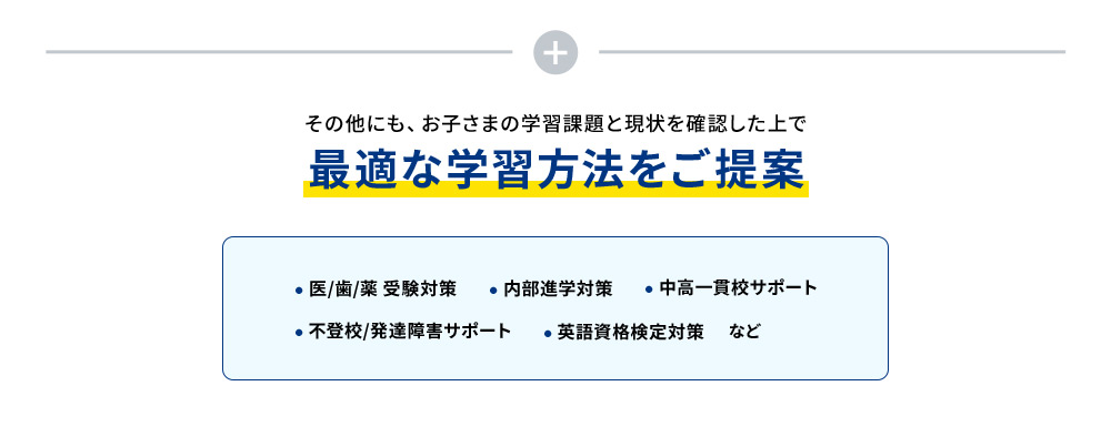 その他にも、お子さまの学習課題と現状を確認した上で最適な学習方法をご提案 ・医／歯／薬 受験対策 ・中高一貫校サポート ・不登校／発達障害サポート ・内部進学対策 ・英語資格検定対策 など