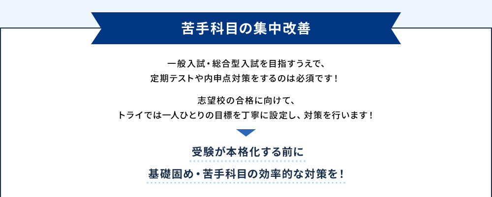 苦手科目の集中改善 一般入試・総合型入試を目指すうえで、定期テストや内申点対策をするのは必須です！ 志望校の合格に向けて、トライでは一人ひとりの目標を丁寧に設定し、対策を行います！ 受験が本格化する前に基礎固め・苦手科目の効率的な対策を！