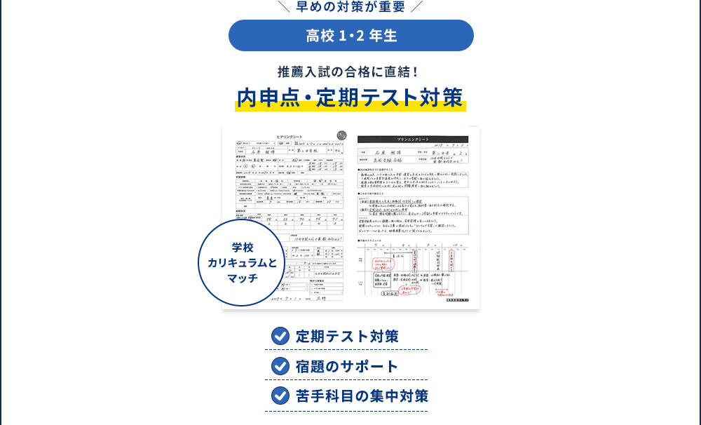 早めの対策が重要 高校1・2年生 推薦入試の合格に直結！ 内申点・定期テスト対策 学校カリキュラムとマッチ 定期テスト対策 宿題のサポート 苦手科目の集中対策