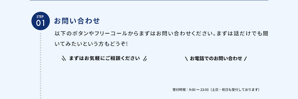 STEP01 お問い合わせ 以下のボタンやフリーコールからまずはお問い合わせください。 まずは話だけでも聞いてみたいという方もどうぞ！ まずはお気軽にご相談ください