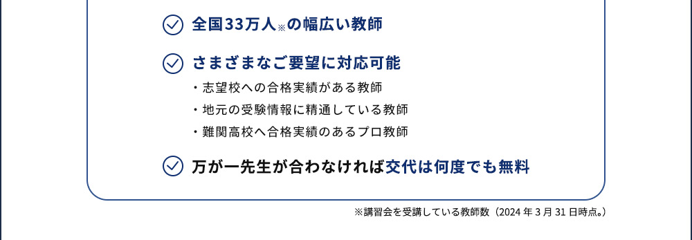 全国33万人※の幅広い教師 さまざまなご要望に対応可能 ・志望校への合格実績がある教師 ・地元の受験情報に精通している教師 ・難関高校へ合格実績のあるプロ教師 万が一先生が合わなければ交代は何度でも無料 ※講習会を受講している教師数(2024年3月31日時点。)