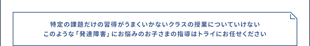 特定の課題だけの習得がうまくいかない クラスの授業についていけない このような「発達障害」にお悩みのお子さまの指導はトライにお任せください