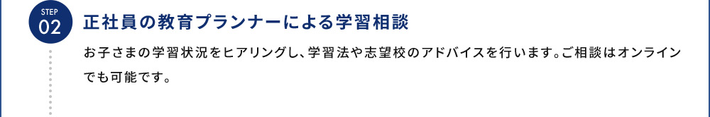 STEP02 正社員の教育プランナーによる学習相談 お子さまの学習状況をヒアリングし、学習法や志望校のアドバイスを行います。ご相談はオンラインでも可能です。