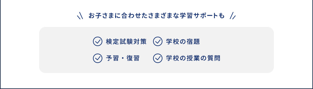 お子さまに合わせたさまざまな学習サポートも 検定試験対策 予習・復習 学校の宿題 学校の授業の質問