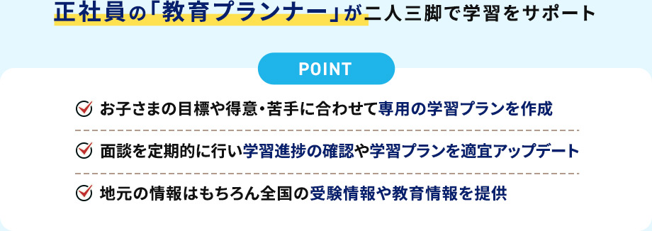 正社員の「教育プランナー」が二人三脚で学習をサポート POINT お子さまの目標や得意・苦手に合わせて専用の学習プランを作成 面談を定期的に行い学習進捗の確認や学習プランを適宜アップデート 地元の情報はもちろん全国の受験情報や教育情報を提供