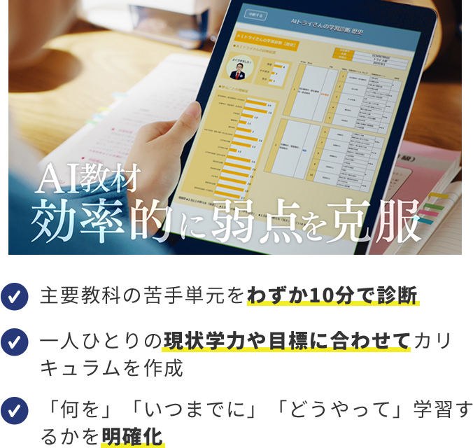 AI教材 効率的に弱点を克服 ・主要教科の苦手単元をわずか10分で診断 ・一人ひとりの現状学力や目標に合わせてカリキュラムを作成 ・「何を」「いつまでに」「どうやって」学習するかを明確化