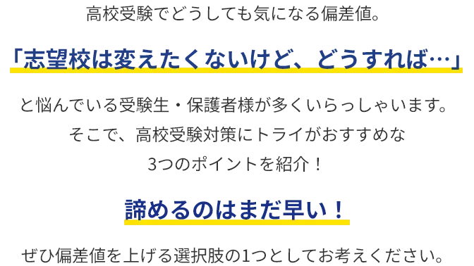 ⾼校受験でどうしても気になる偏差値。「志望校は変えたくないけど、どうすれば…」と悩んでいる受験⽣・保護者様もいるのではないでしょうか。そこで、⾼校受験対策にトライがおすすめな3つのポイントをご紹介!諦めるのはまだ早い!ぜひ偏差値を上げる選択肢の1つとしてお考えください。